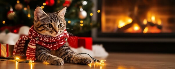 Adorable cat wearing a holiday scarf