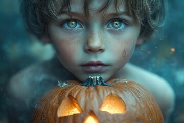 whimsical halloween scene wideeyed boy holding glowing jackolantern misty forest backdrop moonlit enchantment
