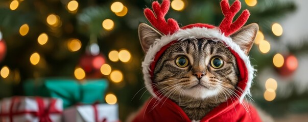 Fototapeta premium Adorable tabby cat in a reindeer costume, sitting near a glowing Christmas tree wrapped in colorful lights Cozy holiday decorations and presents fill the scene with festive charm