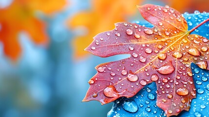 A single autumn leaf glistens with dew drops, nature�s jewels captured in a photograph.