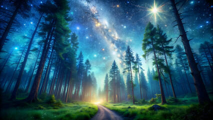 Enchanting forest scene at night with a starry sky overhead