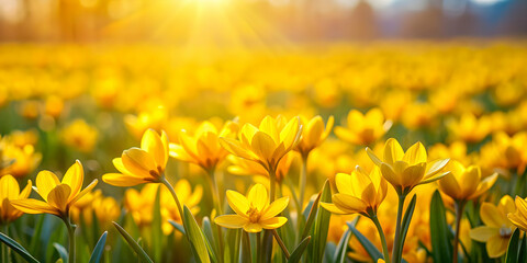 Obraz premium Bright yellow Osterglocken flowers blooming in a field, spring, narcissus, daffodil, bloom, yellow, floral, garden, nature
