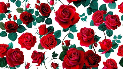 Red roses digital painting seamless plain white background design