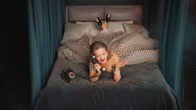 Happy retro lady call talk. Smiling face beauty woman pin up hand holding receiver old style 50s landline telephone. Vintage dress luxury room. sexy Girl using retro phone line. red lips 30s pin-up