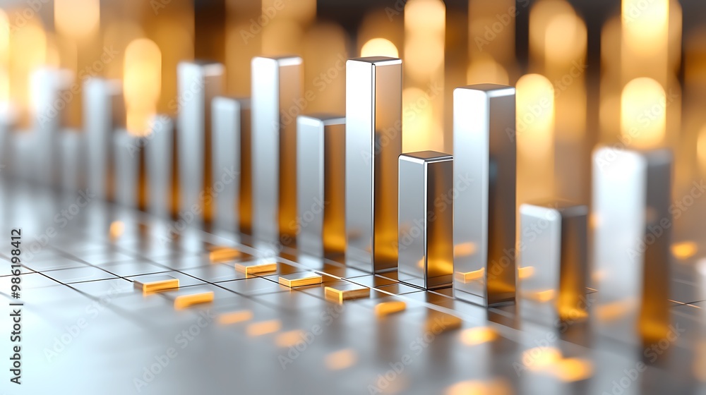 Poster a 3d chart of silver bars rises, with golden bokeh adding a touch of elegance.