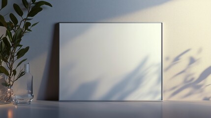 A frameless, blank mockup on a smooth pale grey wall, illuminated by soft natural light with a subtle reflection along the framea??s edges.