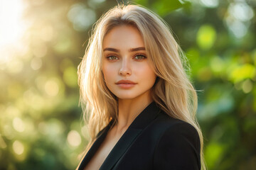 Obraz premium Portrait of a beautiful blonde European woman in outdoor costume. Business woman waist portrait
