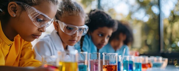 Obraz premium Two children conducting a science experiment, surrounded by lab equipment.