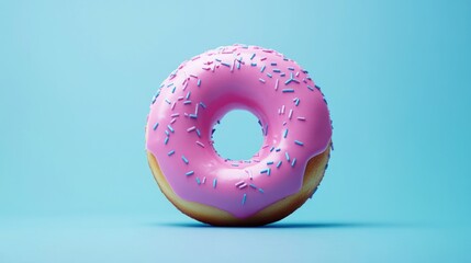 Pink donut with blue and purple sprinkles on a blue background.