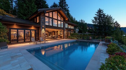 Fototapeta premium A large house with a pool and a large backyard. The pool is surrounded by a stone walkway and has a beautiful view of the mountains