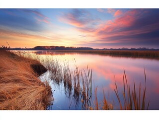 Golden sunrise reflecting on tranquil waters with lush trees by the lakeside