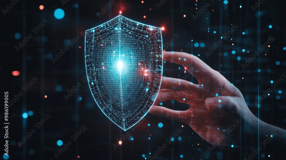 Poster a hand presenting virtual shield symbolizing security and protection in digital environment. glowing