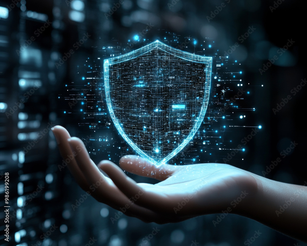 Poster a hand is holding floating virtual shield, symbolizing digital security and protection in high tech 
