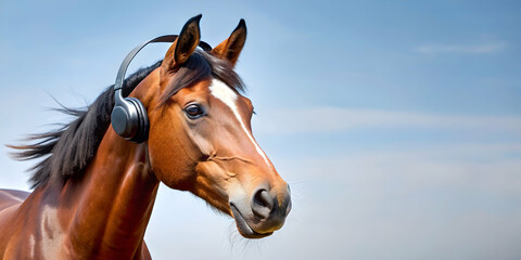 Obraz premium Horse wearing headphones, looking relaxed and entertained while enjoying music , horse, headphones, music, audio, equine