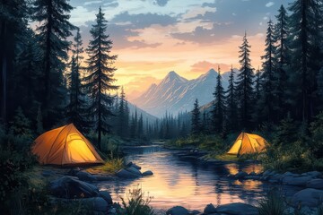 whimsical illustration of riverside campsite stylized forest cheerful color palette storybook style