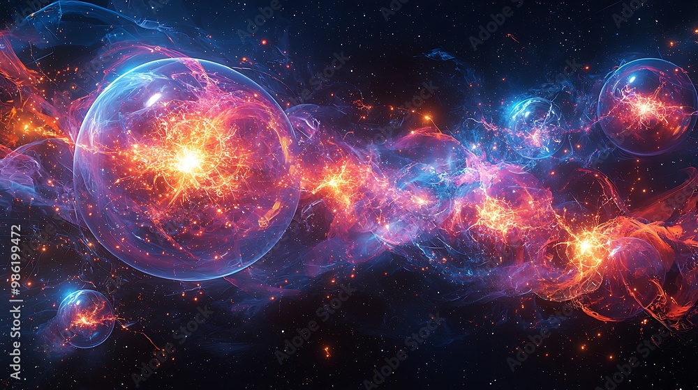 Poster energy spheres float in cosmic space, a dynamic representation of abstract power and force.