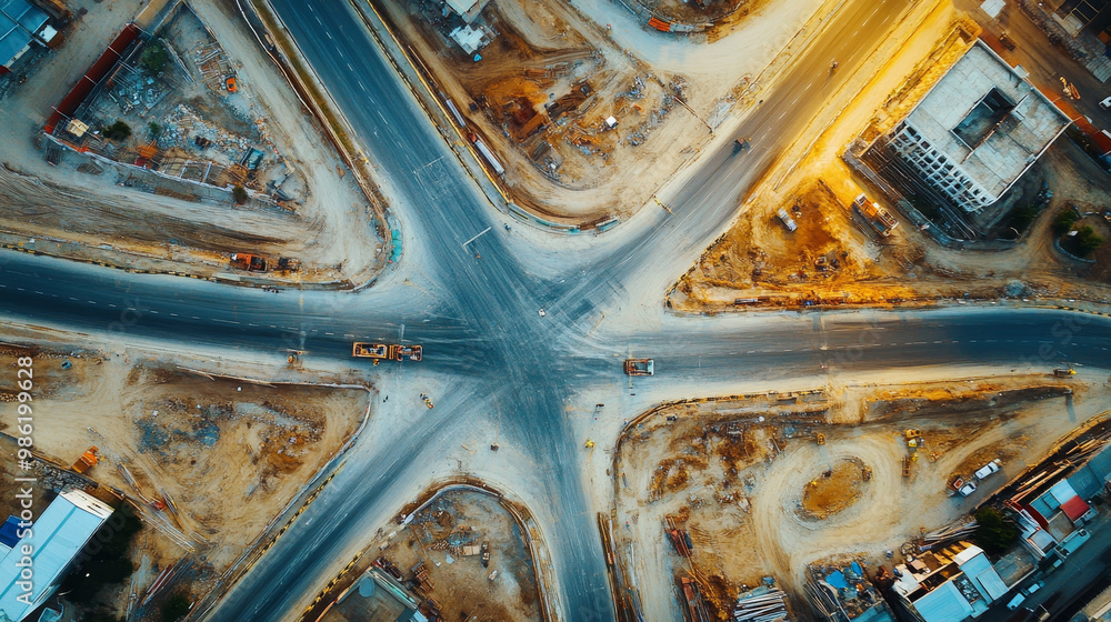 Poster aerial view of busy highway intersection showcasing multiple lanes and vehicles. surrounding area fe