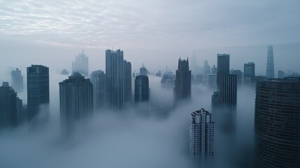 Fototapeta premium Foggy cityscape with tall buildings and a misty atmosphere. The city is shrouded in a thick fog, giving it a mysterious and eerie feel. The fog seems to be hovering over the buildings
