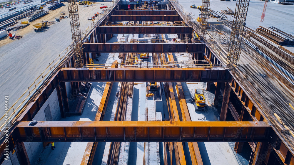 Poster aerial view of large construction site showcasing precision assembly with steel beams and machinery.