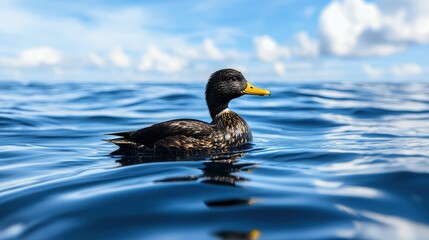 Fototapeta premium A duck is swimming in the ocean. The water is calm and clear. The duck is black and white
