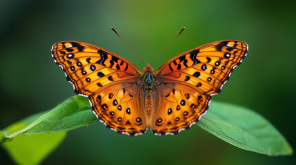 Obraz premium A bright orange butterfly with black spots on its wings sits on a green leaf against a blurred green background of nature