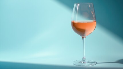 A solitary glass of rose wine, standing on a soft pastel blue background, casting a soft shadow.
