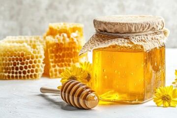 Honey in a glass jar and honeycombs on a white background with generative ai