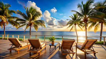 Seaside hotel overlooking the ocean with palm trees and beach chairs, seaside, hotel, ocean, palm trees, beach chairs