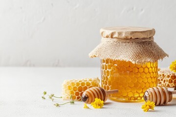 Honey in a glass jar and honeycombs on a white background with generative ai