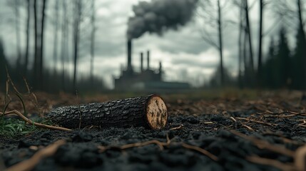A log is laying on the ground next to a factory. The sky is cloudy and the air is thick with smoke