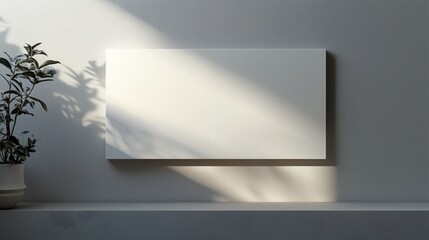 A sleek, thin-framed blank canvas mounted on a pale grey wall with soft sunlight illuminating the surface, creating a gentle glow.