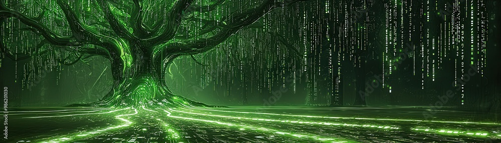Aufkleber a complex code repository as an ai-driven forest with data stream, a vibrant, mystical tree surround