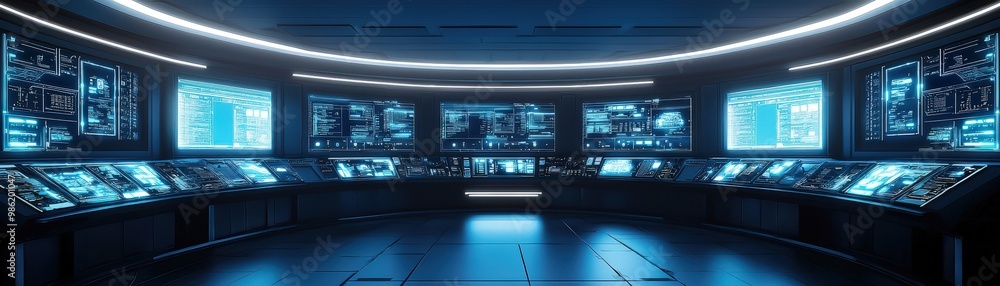 Poster a futuristic control room with illuminated screens displaying data, creating a high-tech ambiance.