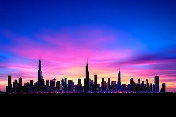 Fototapeta premium A city skyline silhouette at dusk, with soft pinks and purples fading into a deep blue sky