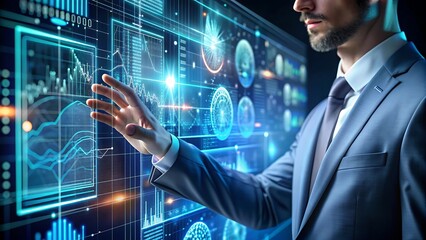 ホログラフィック データ視覚化、未来的なインターフェースを操作するデータ サイエンティスト。