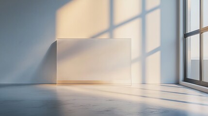 Obraz premium A minimalist interior design with glass panels and sunlight casting soft shadows creates a serene atmosphere.