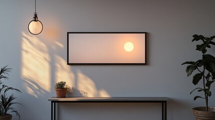 A slim rectangular frame on a pale grey wall, bathed in warm natural lighting, creating gentle contrasts and a serene atmosphere.