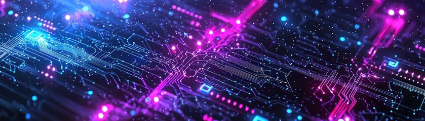 Obraz premium AI managing cloud-based pipelines with glowing circuit paths connecting servers, visualized as an abstract digital landscape, Cyberpunk, Neon purple and blue, High-tech