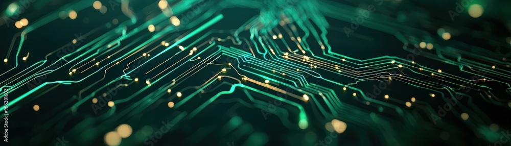 Poster ai-driven pipelines visualized as a close-up image of a green circuit board, showcasing intricate pa