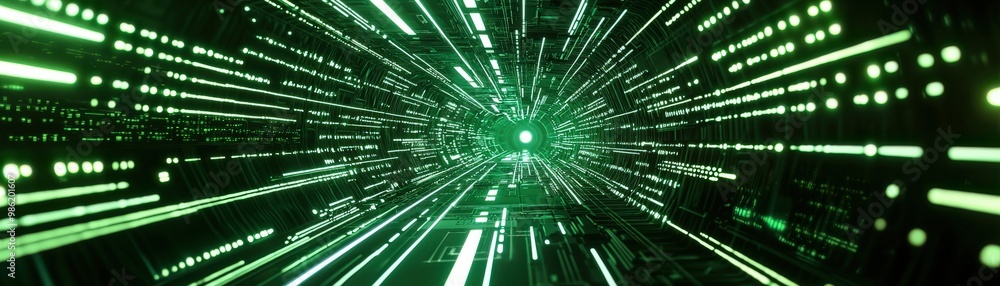 Poster ai-driven pipelines visualized as a vibrant green digital tunnel radiating light, symbolizing speed 