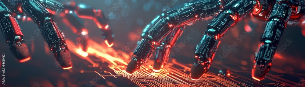 Poster futuristic robotic hands hover over a vibrant digital surface, symbolizing the integration of techno