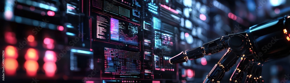 Poster a futuristic robotic hand interacts with a vibrant digital interface, showcasing advanced technology