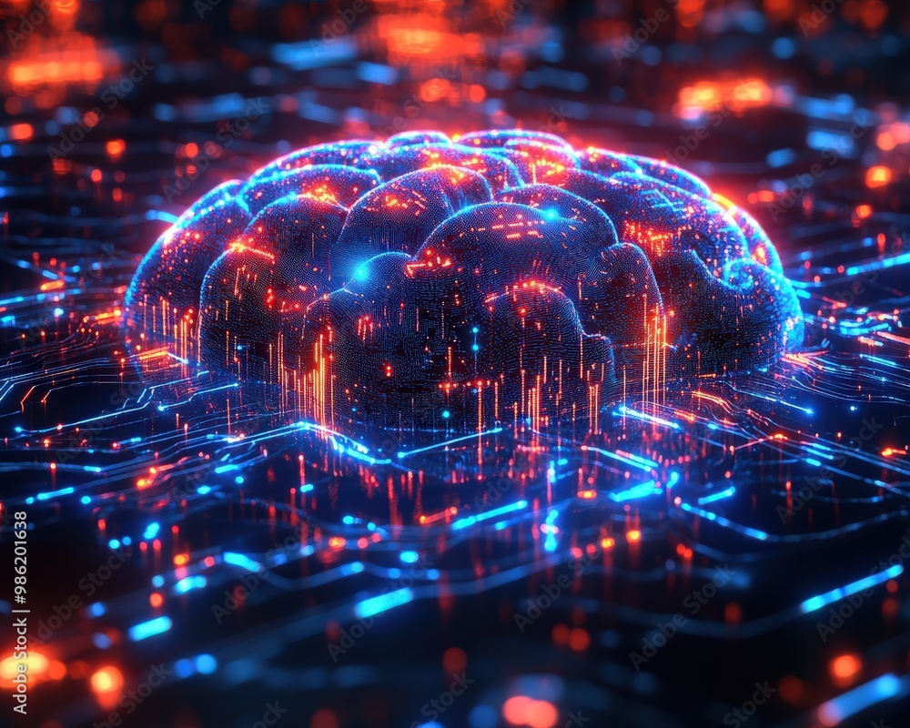 Poster ai driven blockchain visualized by a vibrant, digitally-rendered brain surrounded by glowing circuit