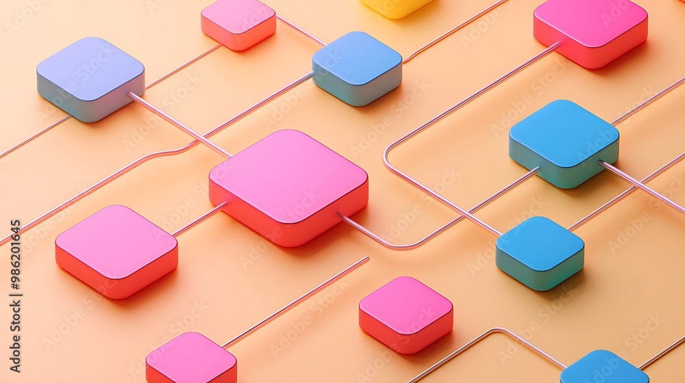 Poster colorful cubes and lines form an abstract geometric network, blending technology with modern art.