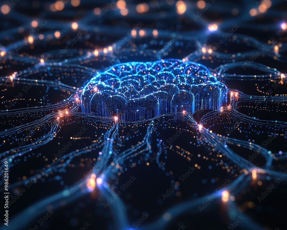 Poster ai driven blockchain visualized by a glowing, digital representation of a brain interconnected by lu
