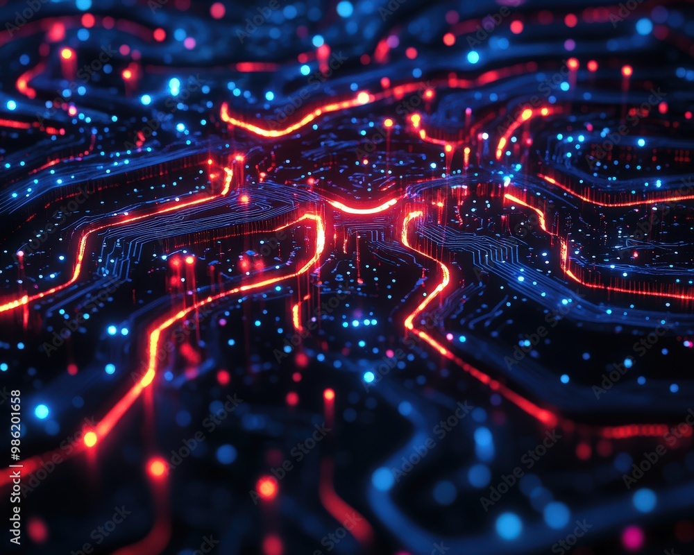 Poster ai driven blockchain visualized by a vibrant abstraction of circuit patterns featuring glowing blue 