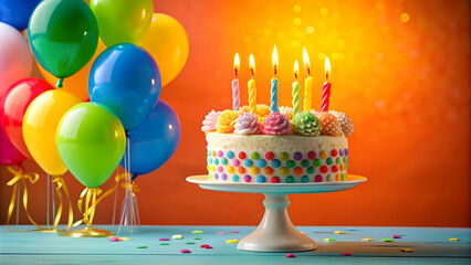 Colorful birthday cake with candles and balloons , birthday, cake, celebration, candles, balloons, colorful, party, dessert