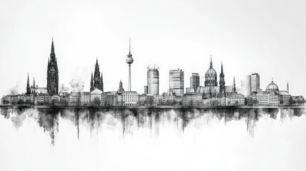 Obraz premium Dortmund, Germany, black and white pen pencil hand-drawn effect drawing illustration for travel poster, card, wallpaper, backdrop or banner. Modern, clear, artistic and simple