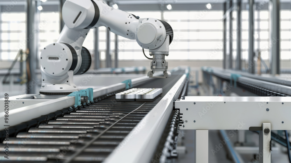 Poster automated robotic arm working on conveyor belt in modern industrial setting, showcasing advanced tec