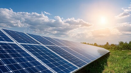 A solar panel field with a bright sun shining on it. The sun is in the middle of the sky and the clouds are scattered throughout the sky. The solar panels are arranged in rows and are facing the sun